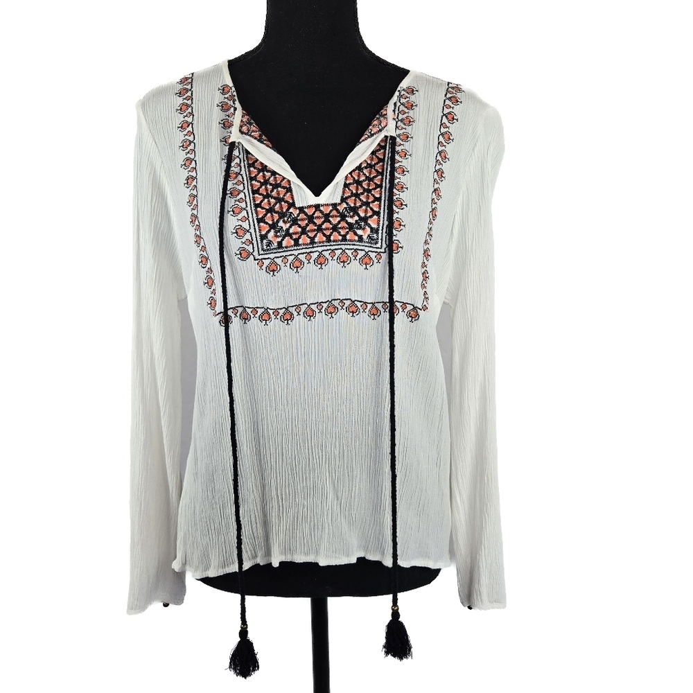 🔥 (5for$35) ANTHRO DANIEL RAINN Crepe Embroidered Longsleeve Peasant Top